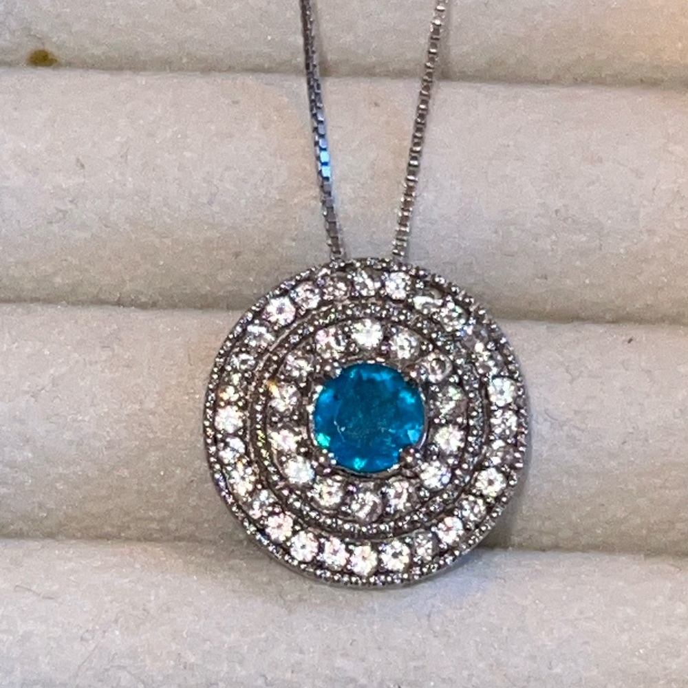 925 Genuine Neon Blue Apatite Pendant With Tiered White Zircon Halo